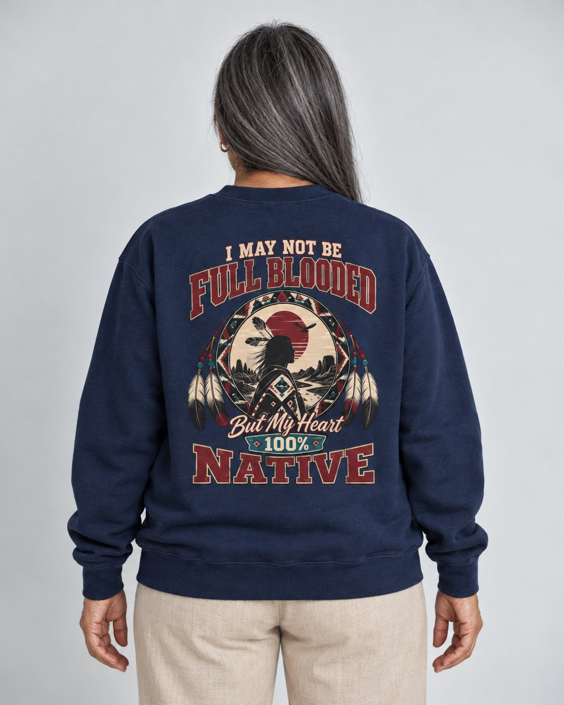 Oyari — Native Heart — Heritage Sweatshirt — worn by woman, back view