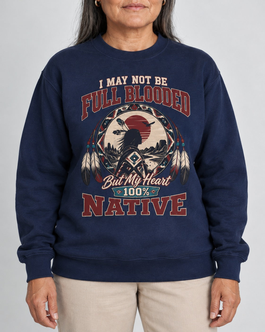 Oyari — Native Heart — Heritage Sweatshirt — worn by woman, front view