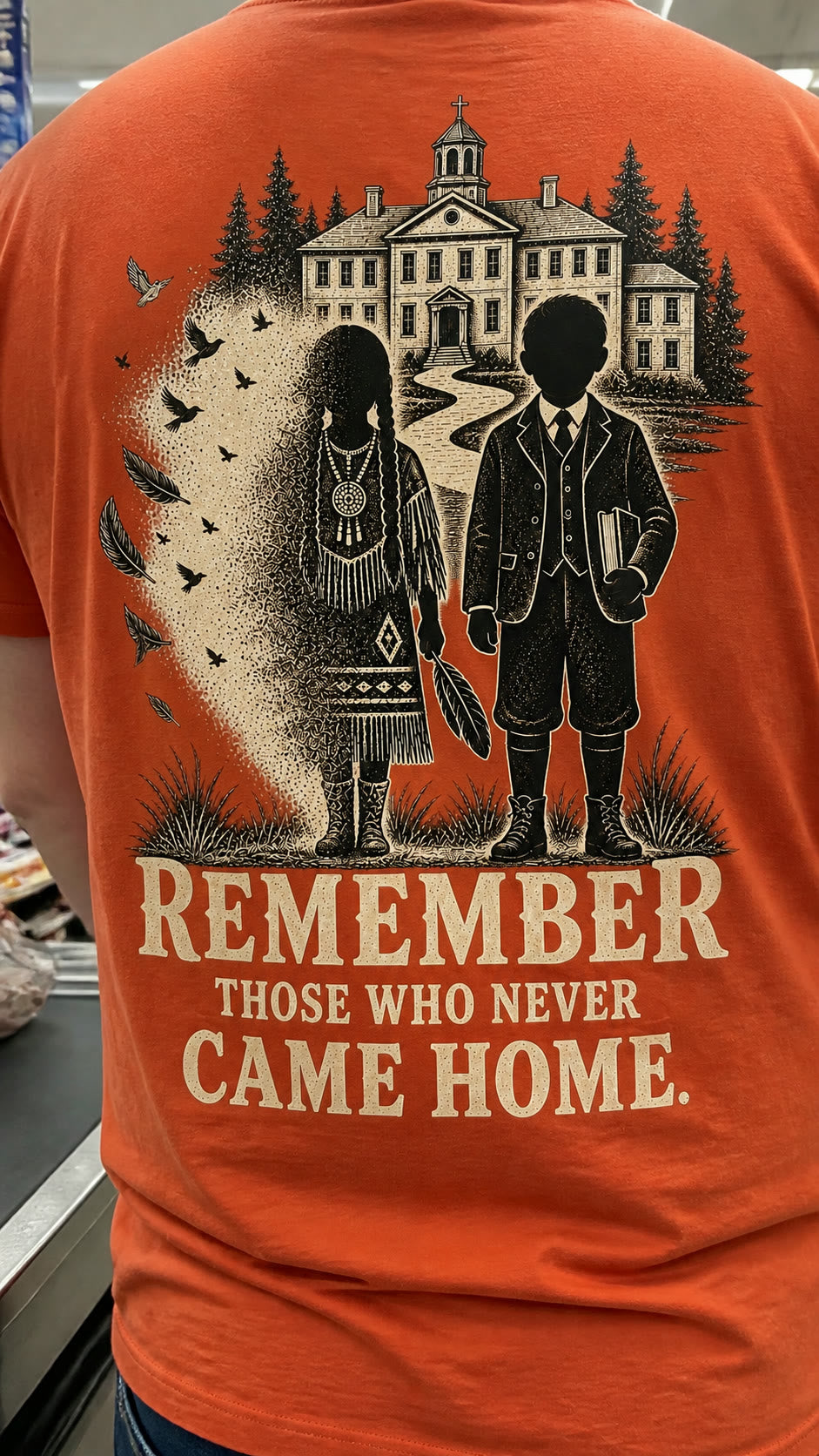 Burnt orange tee seen from behind in a checkout queue