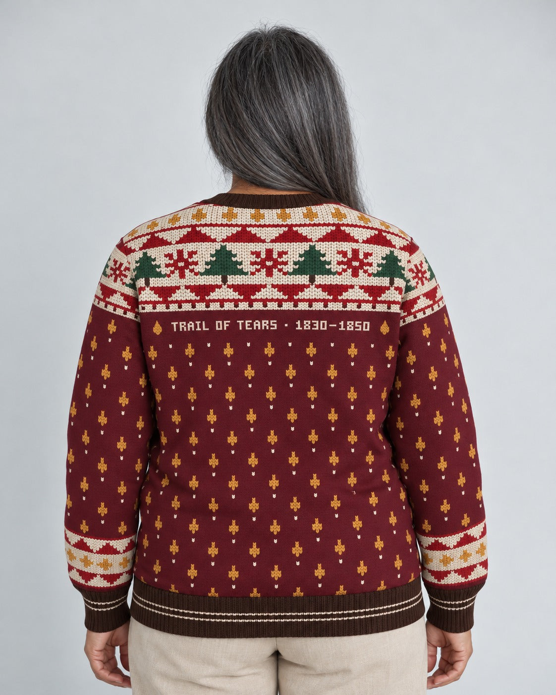 Trail of Tears — 1830 — Women’s Knit Sweater — worn by woman, back view
