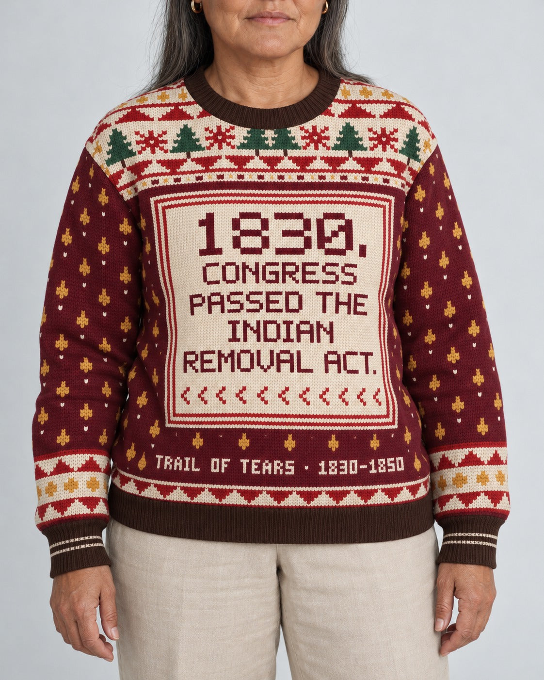 Trail of Tears — 1830 — Women’s Knit Sweater — worn by woman, front view