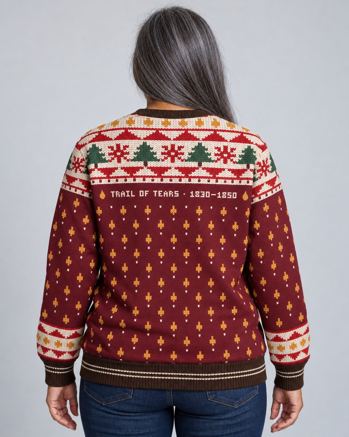 Trail of Tears — 1830 — Women’s Knit Sweater — worn by woman (2), back view