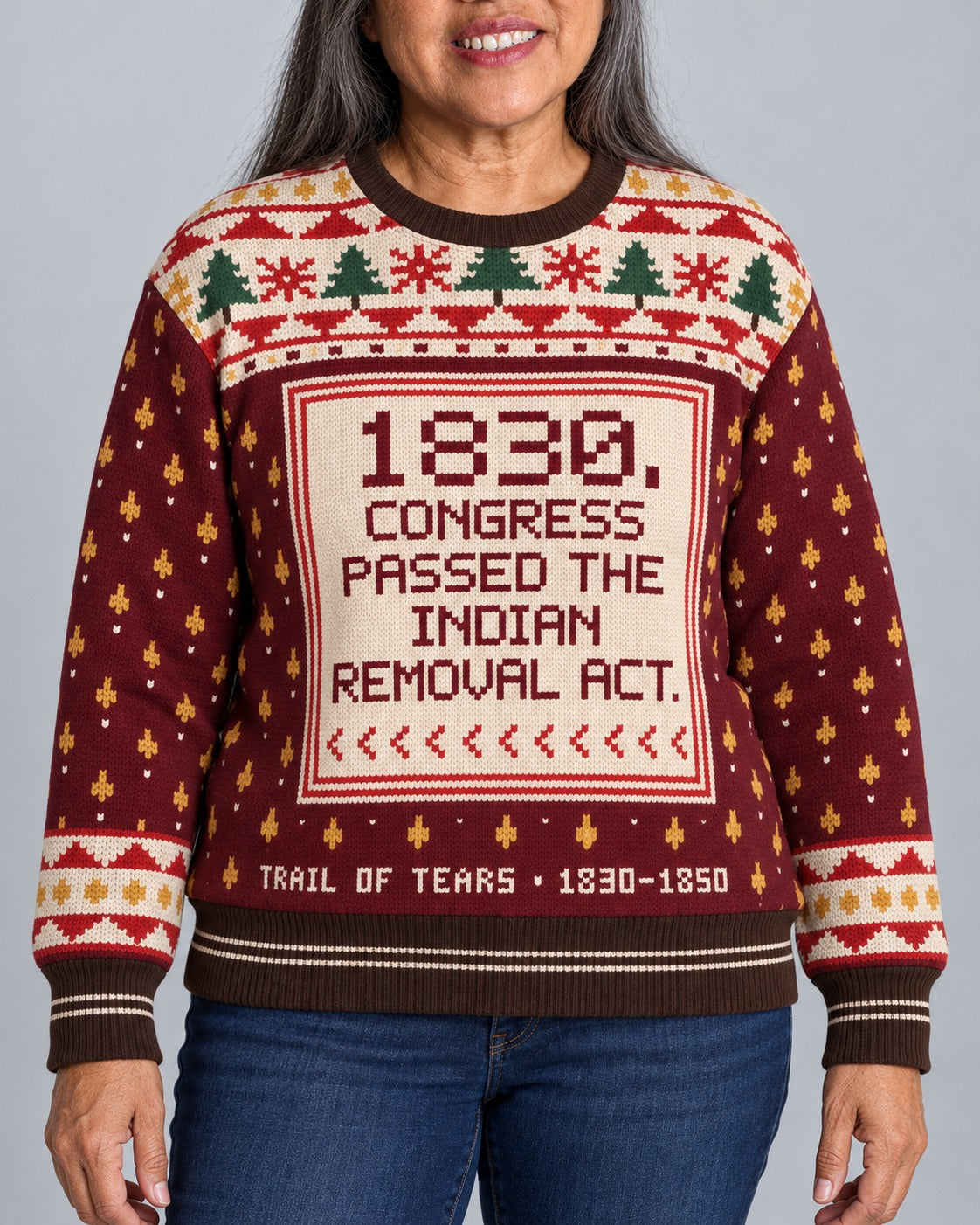 Trail of Tears — 1830 — Women’s Knit Sweater — worn by woman (2), front view