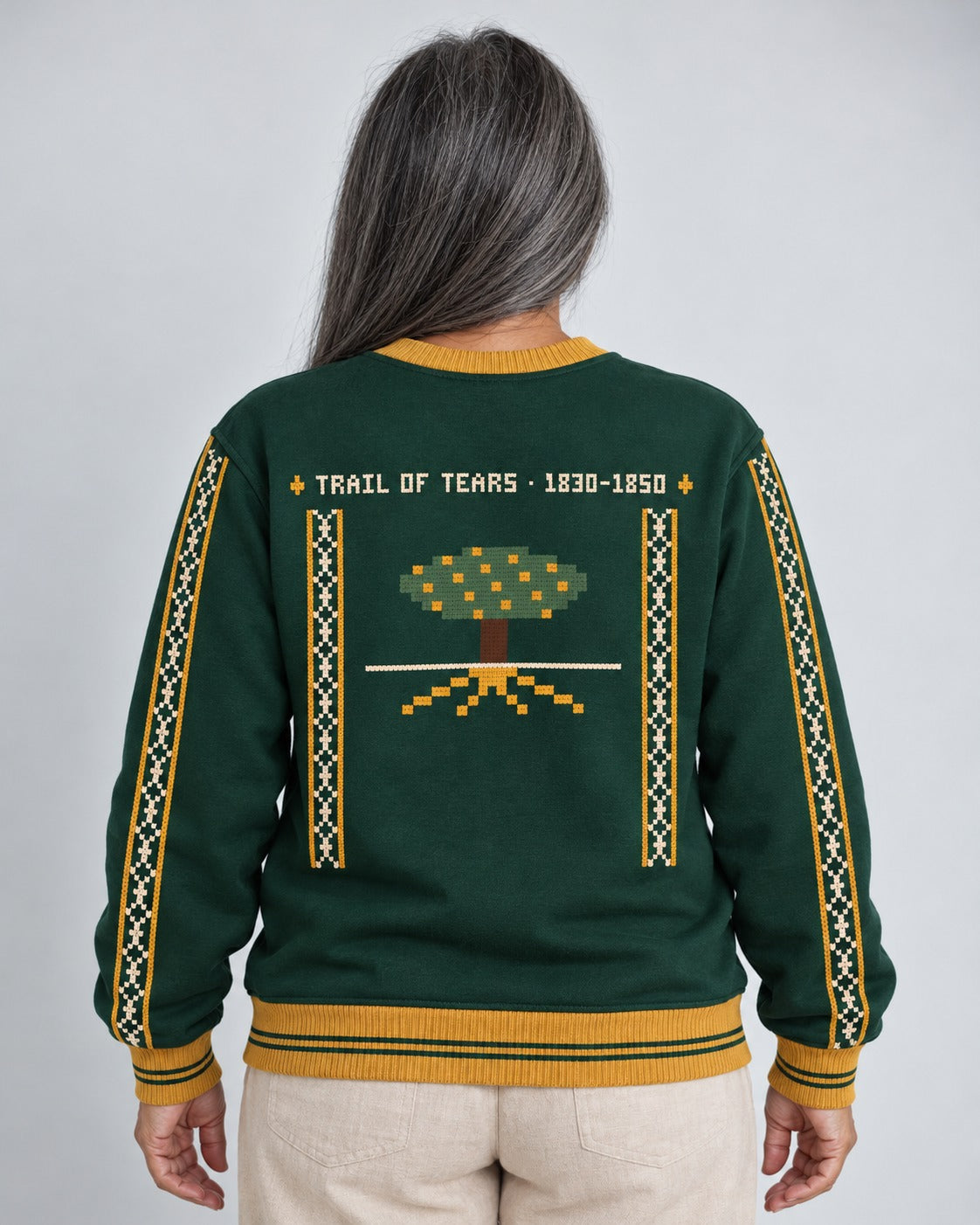 Trail of Tears — Fiercely Resisted — Women’s Knit Sweater — worn by woman, back view