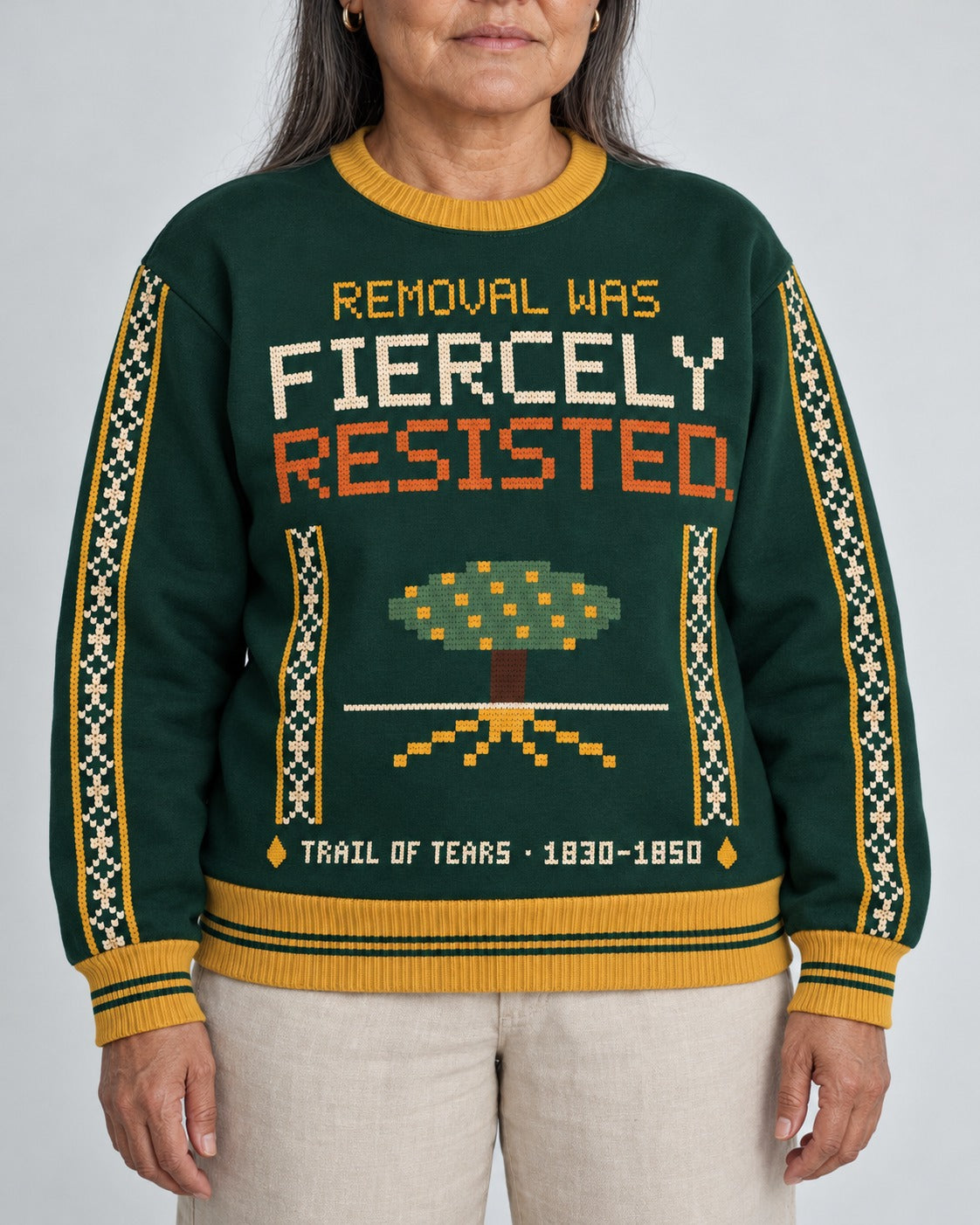 Trail of Tears — Fiercely Resisted — Women’s Knit Sweater — worn by woman, front view