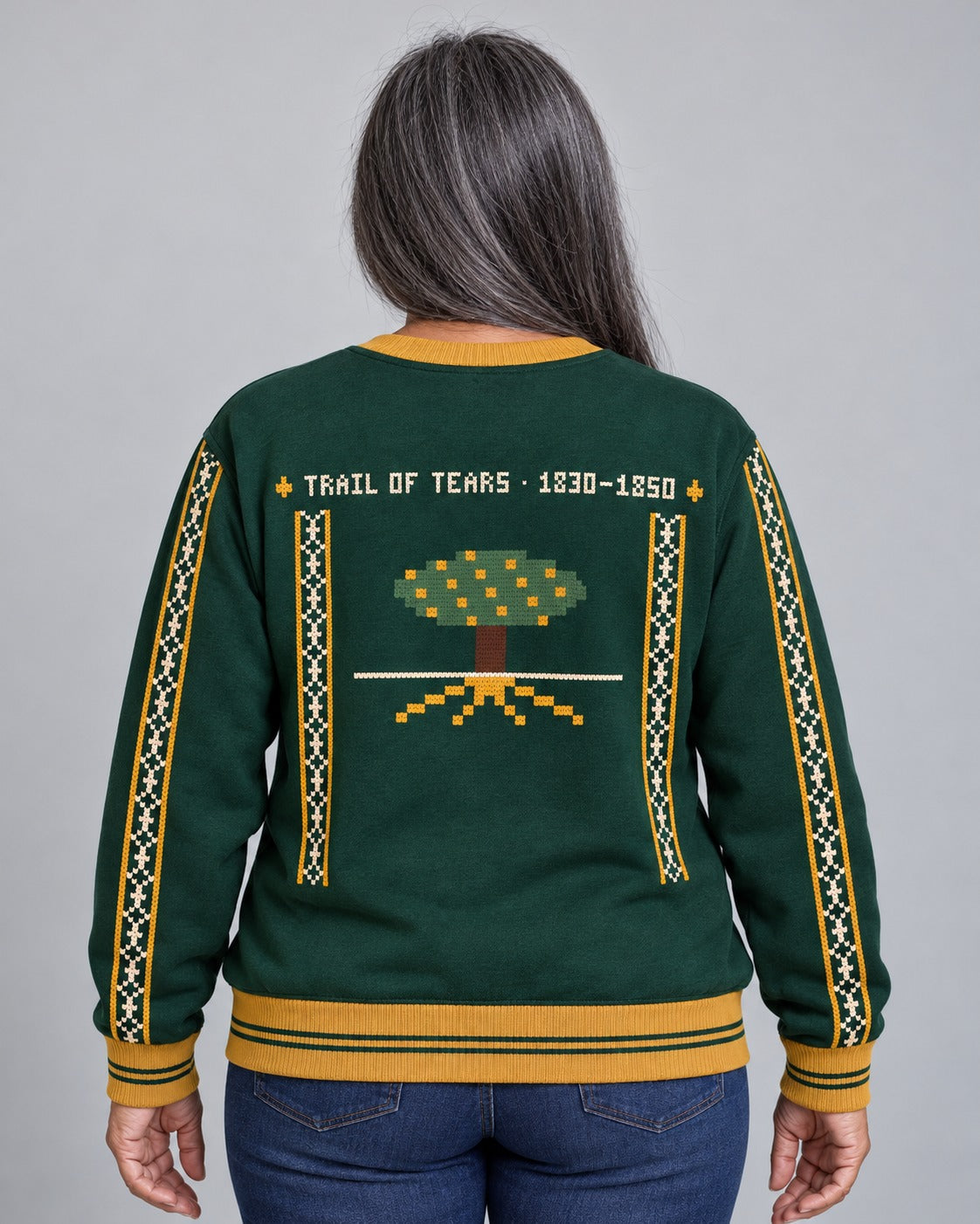 Trail of Tears — Fiercely Resisted — Women’s Knit Sweater — worn by woman (2), back view