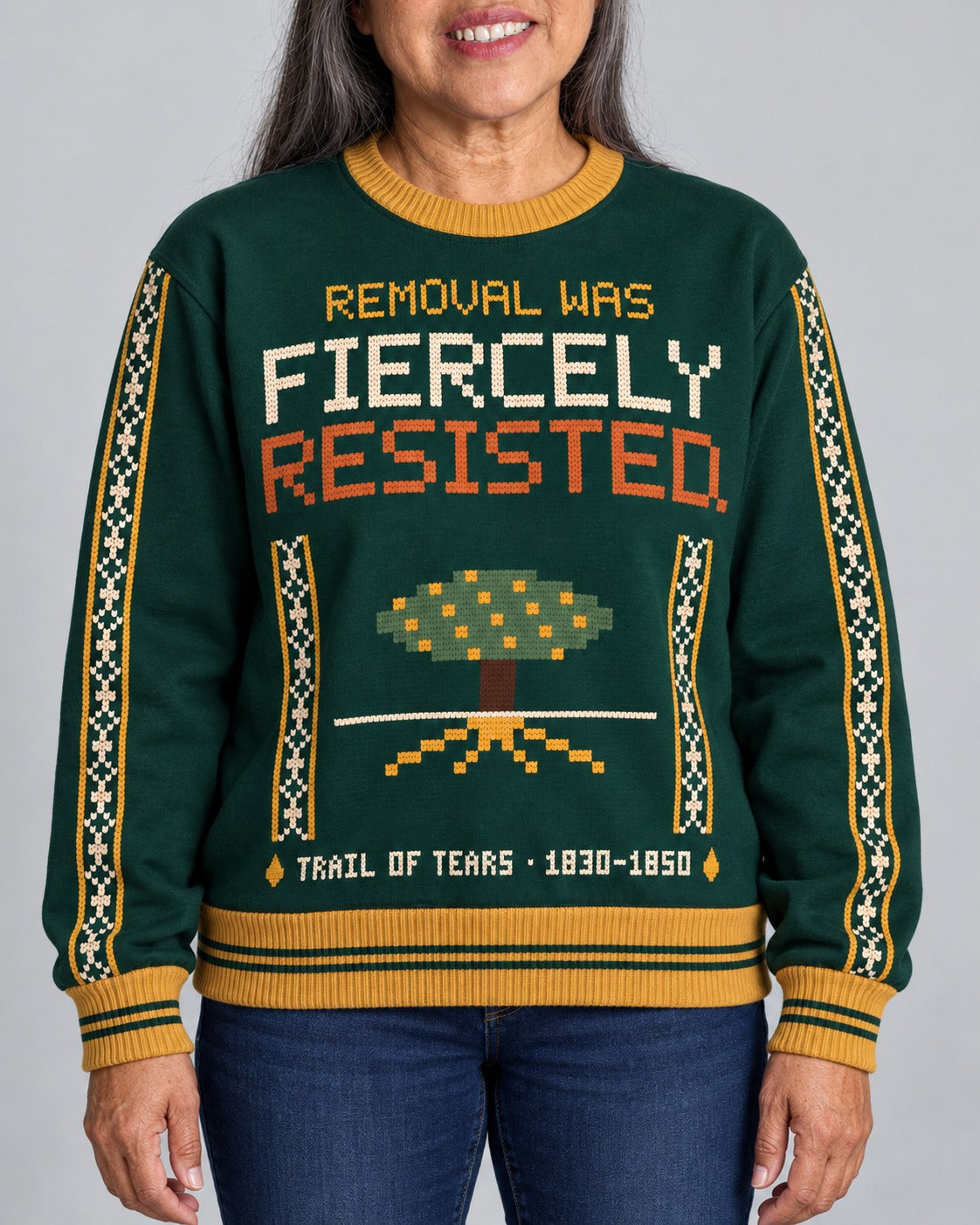 Trail of Tears — Fiercely Resisted — Women’s Knit Sweater — worn by woman (2), front view
