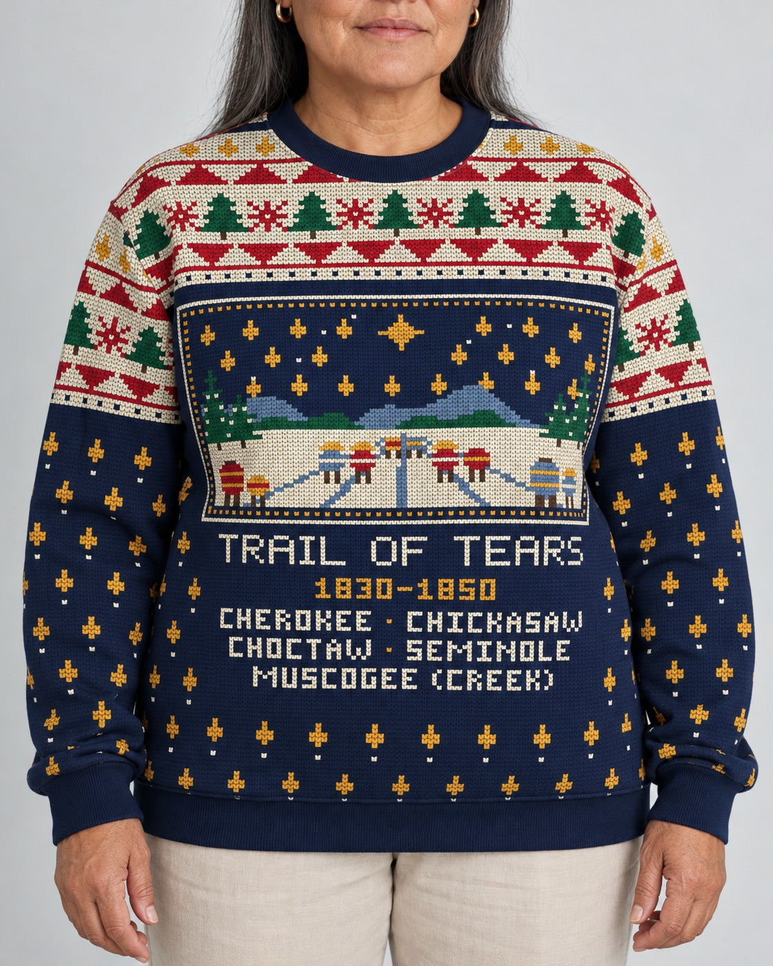 Trail of Tears — Five Nations — Women’s Knit Sweater — worn by woman, front view