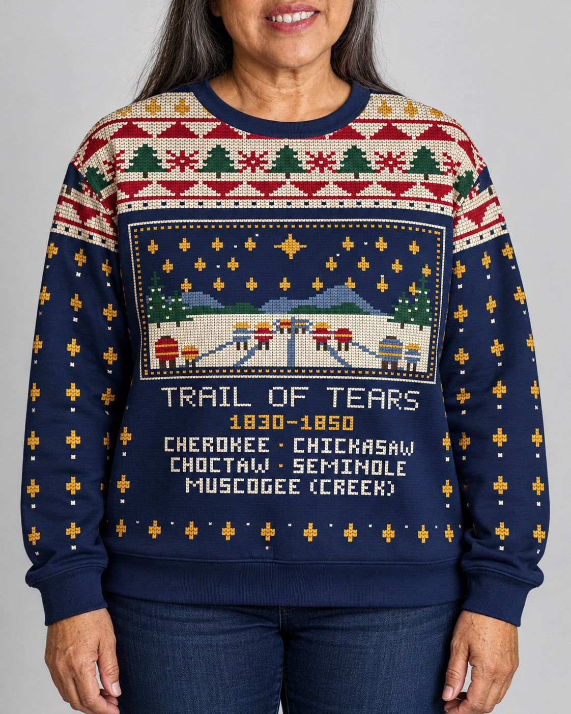 Trail of Tears — Five Nations — Women’s Knit Sweater — worn by woman (2), front view