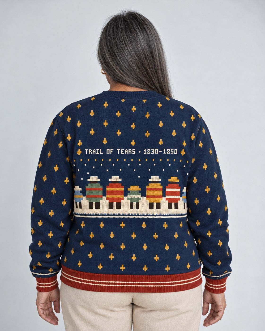 Trail of Tears — Forced West — Women’s Knit Sweater — worn by woman, back view