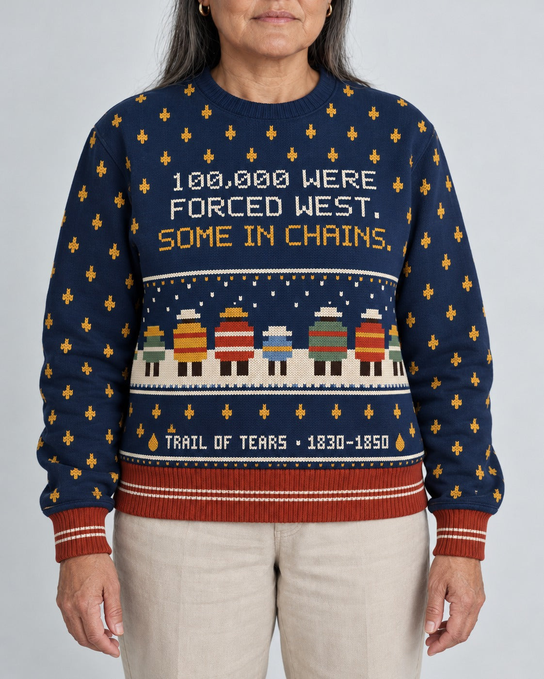 Trail of Tears — Forced West — Women’s Knit Sweater — worn by woman, front view