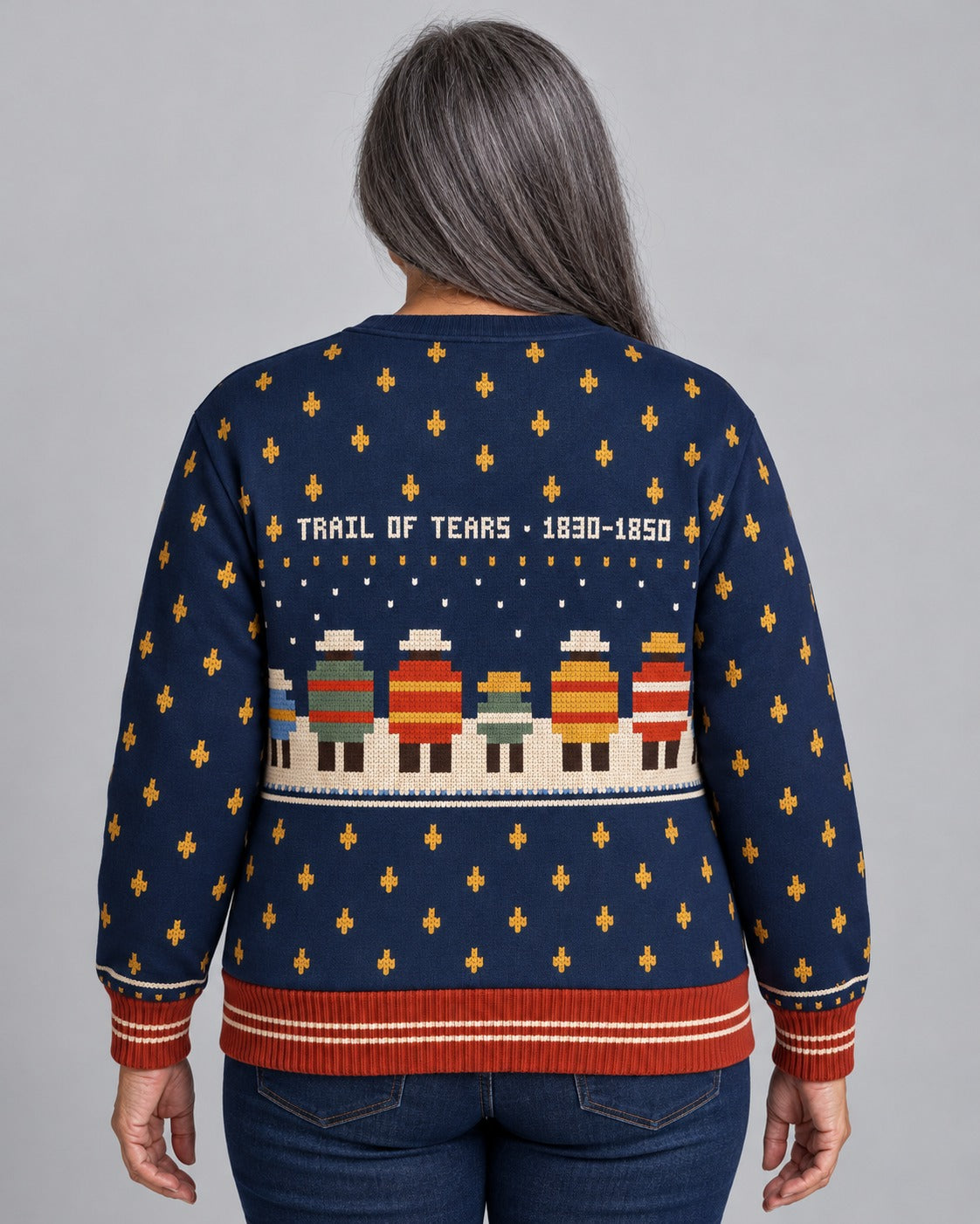 Trail of Tears — Forced West — Women’s Knit Sweater — worn by woman (2), back view