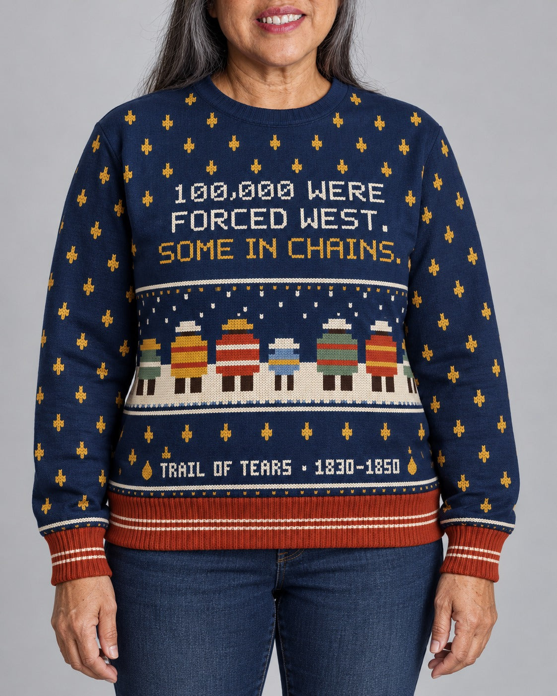 Trail of Tears — Forced West — Women’s Knit Sweater — worn by woman (2), front view