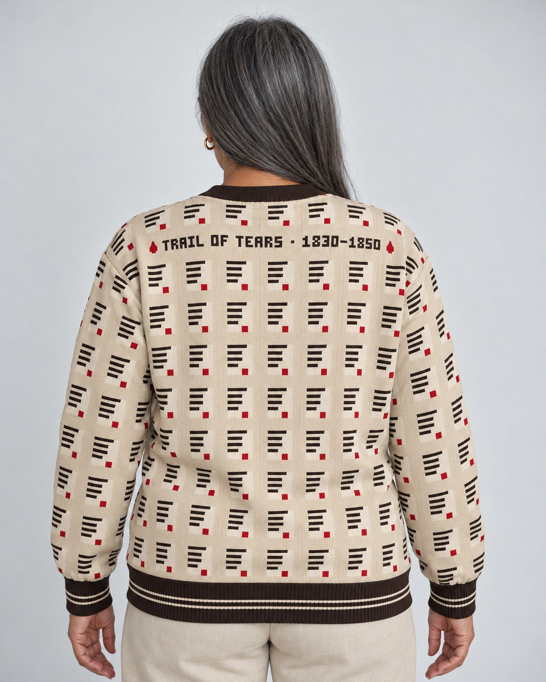 Trail of Tears — Forty Treaties — Women’s Knit Sweater — worn by woman, back view