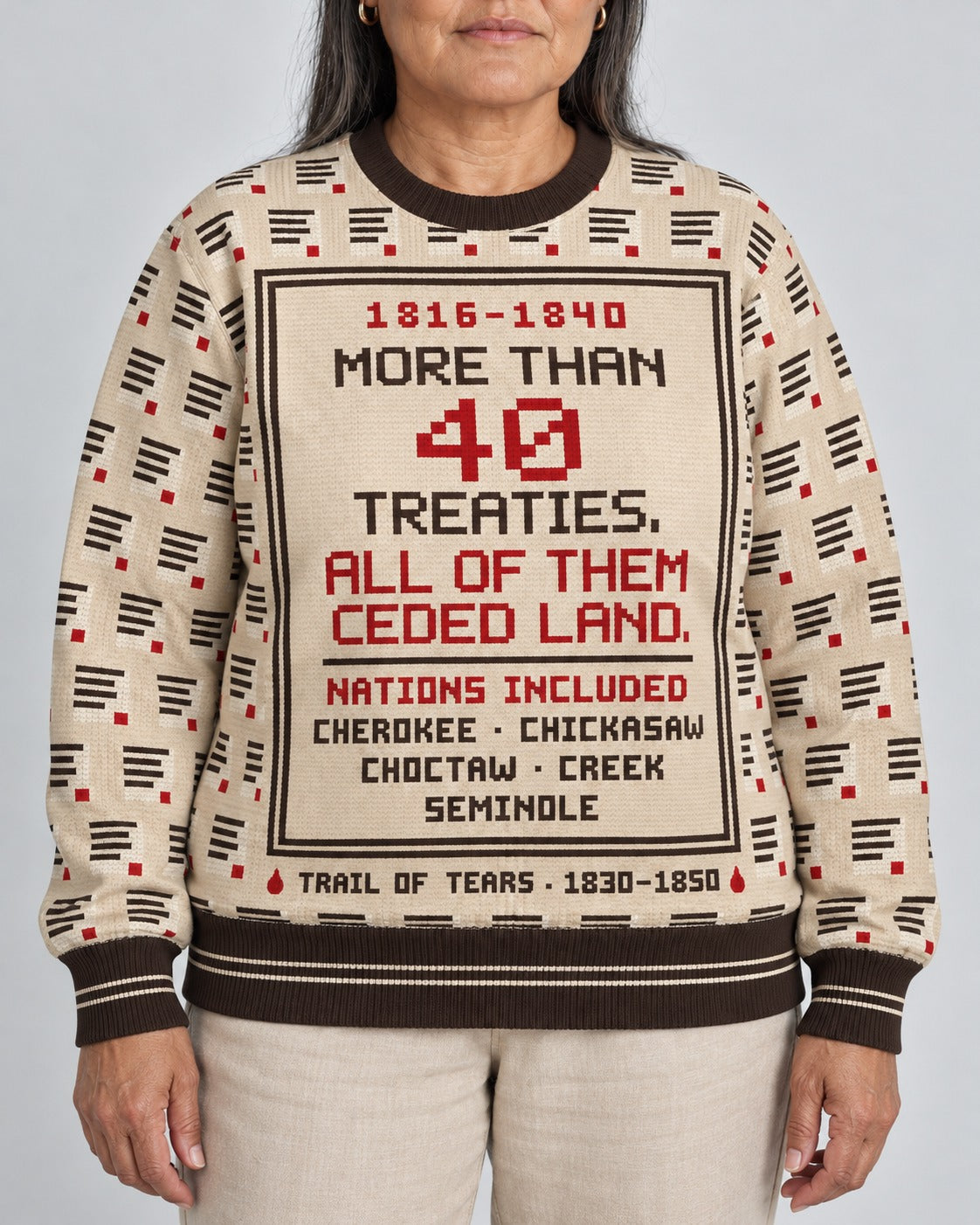 Trail of Tears — Forty Treaties — Women’s Knit Sweater — worn by woman, front view