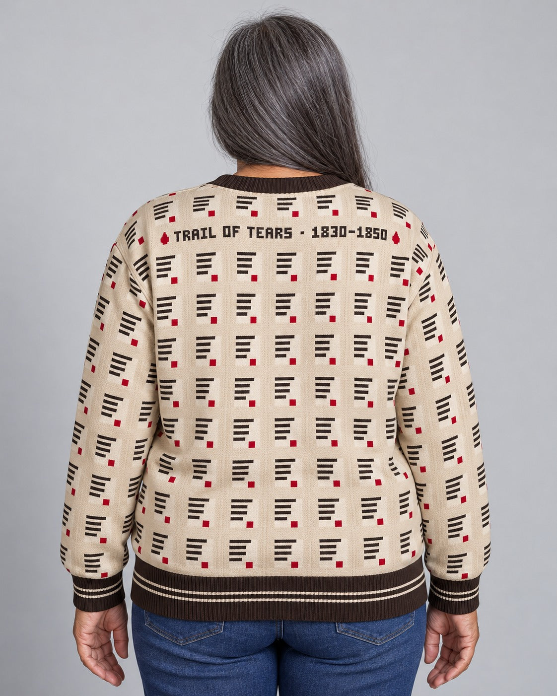 Trail of Tears — Forty Treaties — Women’s Knit Sweater — worn by woman (2), back view
