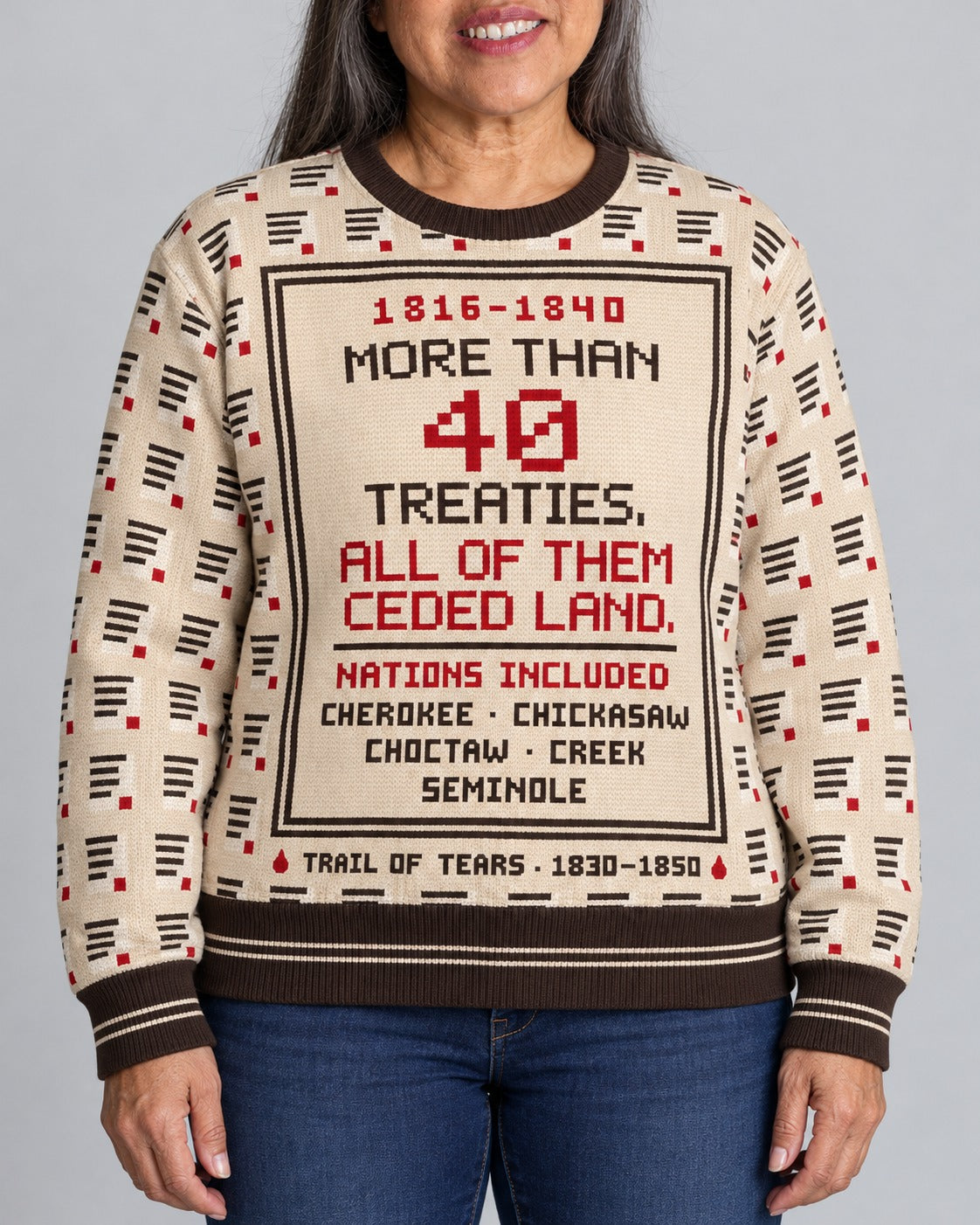 Trail of Tears — Forty Treaties — Women’s Knit Sweater — worn by woman (2), front view
