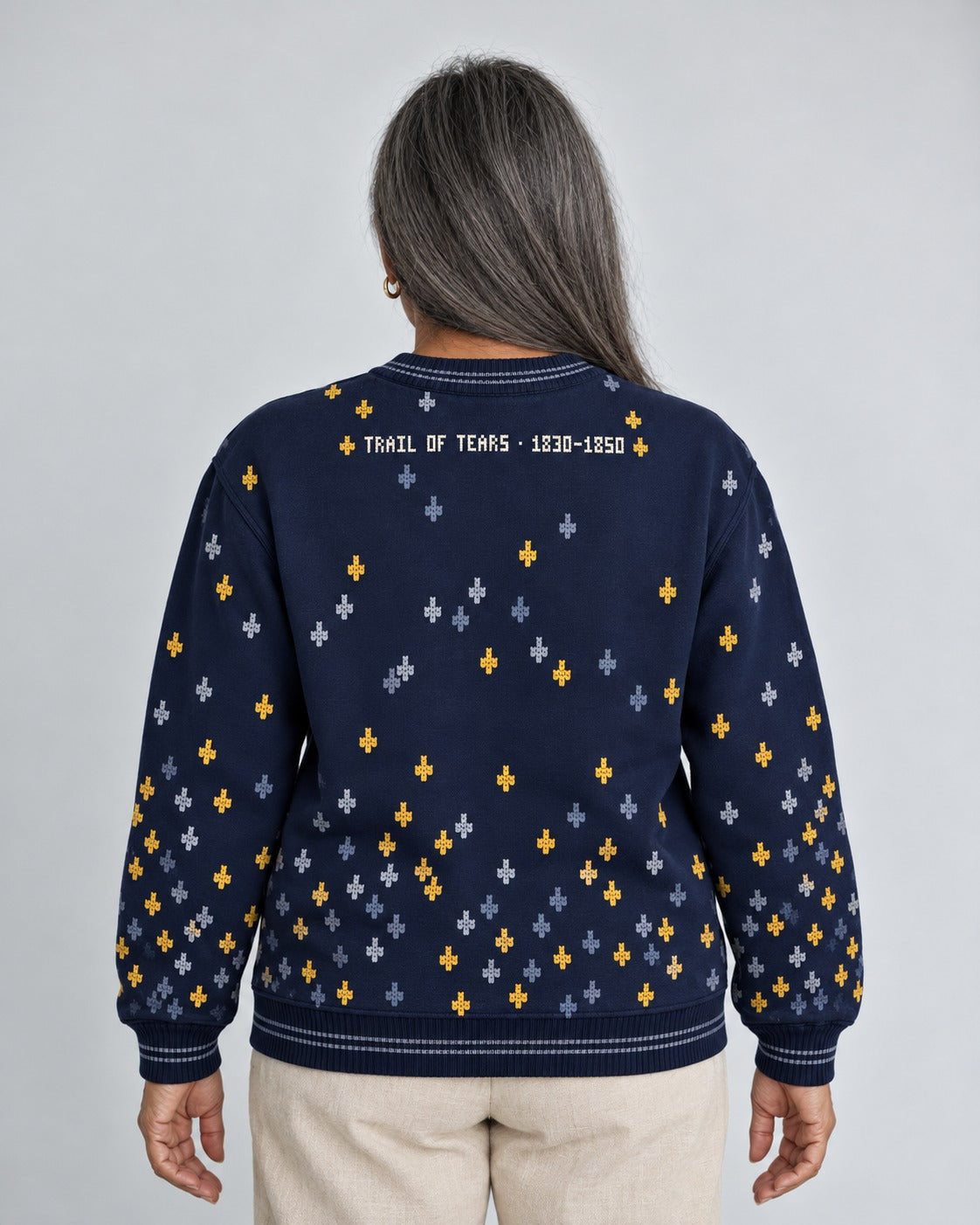 Trail of Tears — Over Ten Thousand — Women’s Knit Sweater — worn by woman, back view