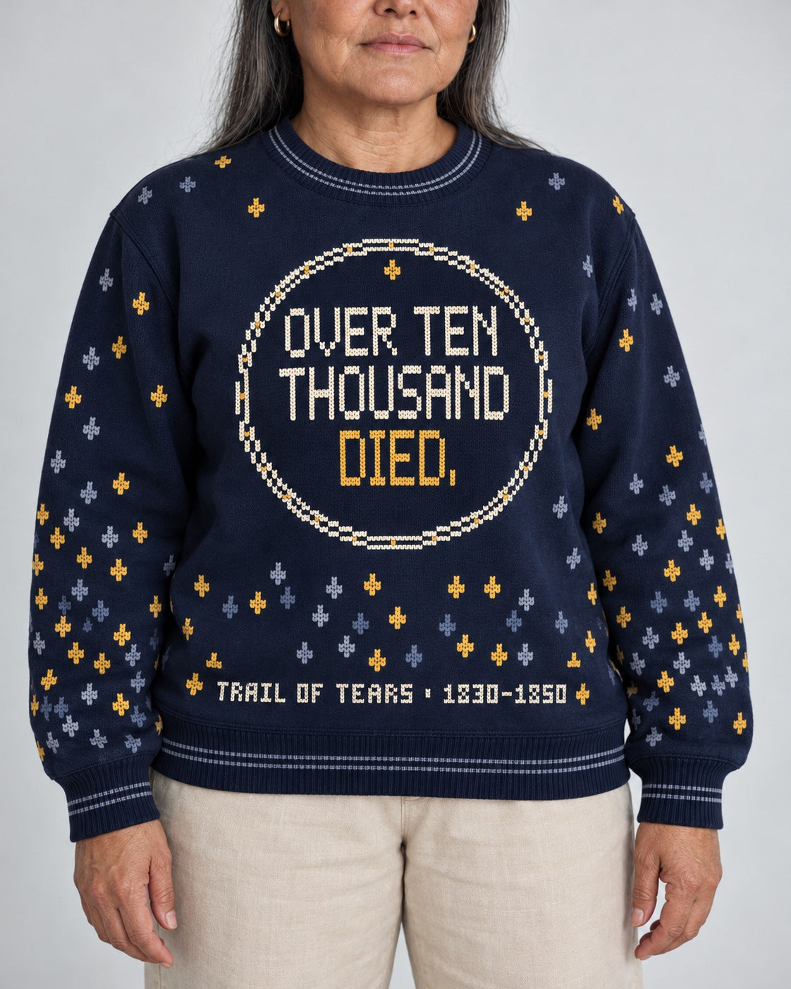 Trail of Tears — Over Ten Thousand — Women’s Knit Sweater — worn by woman, front view