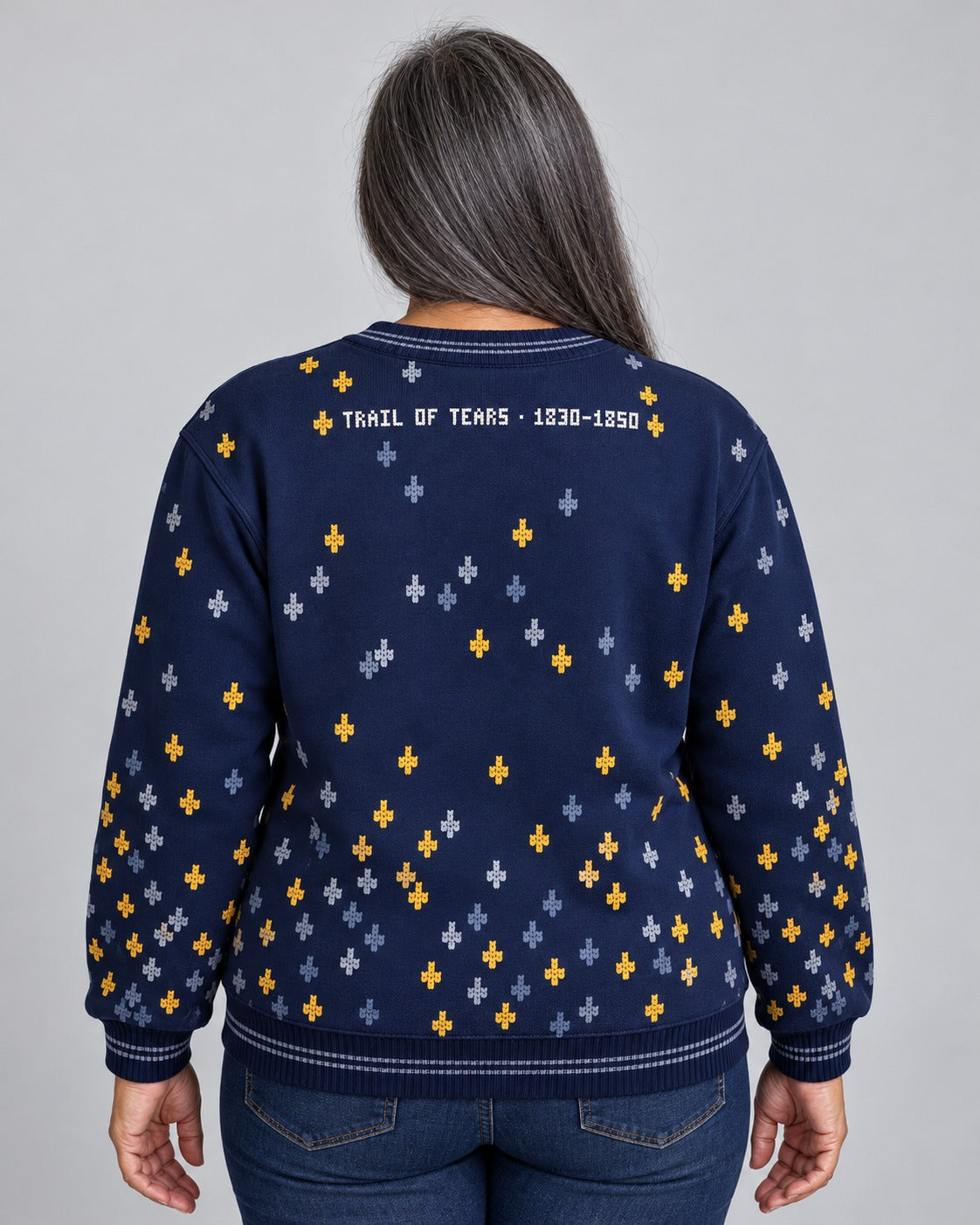 Trail of Tears — Over Ten Thousand — Women’s Knit Sweater — worn by woman (2), back view