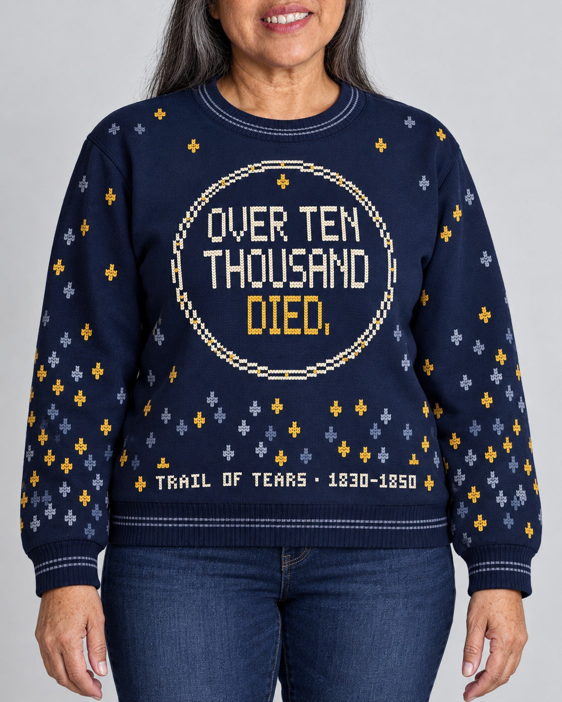 Trail of Tears — Over Ten Thousand — Women’s Knit Sweater — worn by woman (2), front view