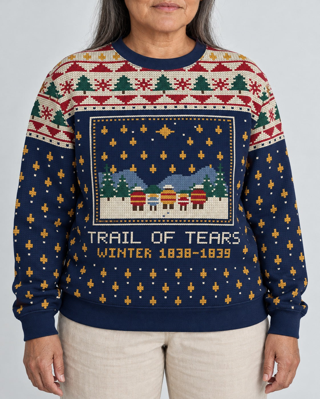 Trail of Tears — Winter 1838 — Women’s Knit Sweater — worn by woman, front view