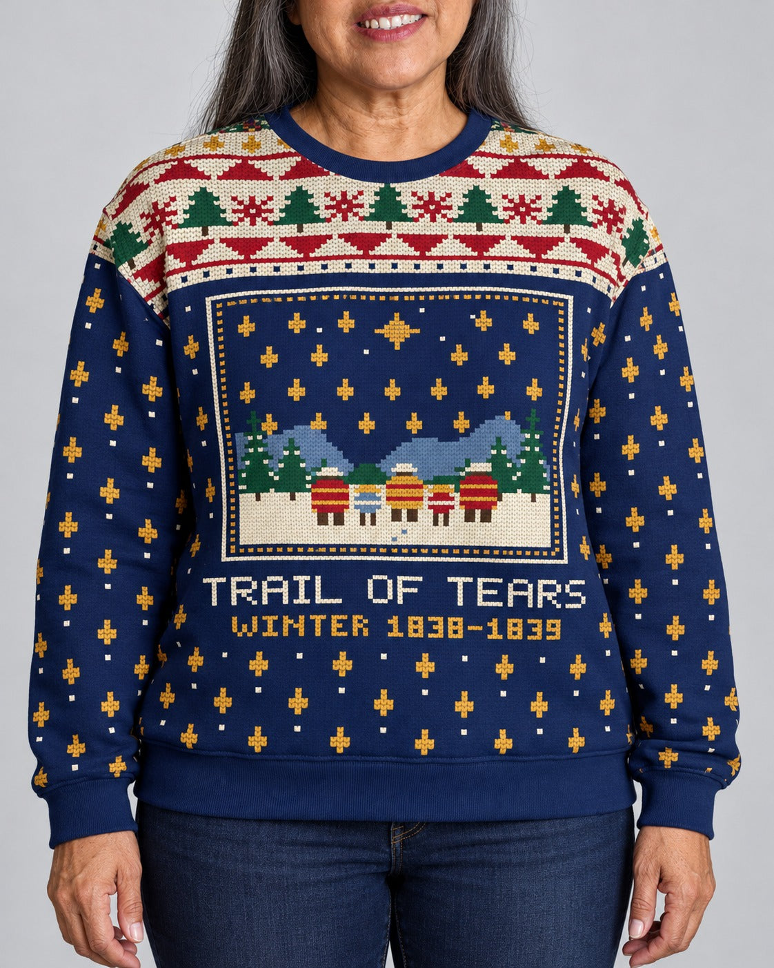 Trail of Tears — Winter 1838 — Women’s Knit Sweater — worn by woman (2), front view