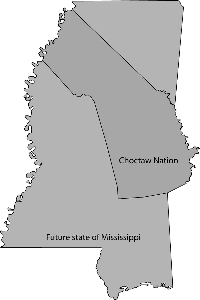 Map of the Choctaw Nation in 1830 inside the future state of Mississippi