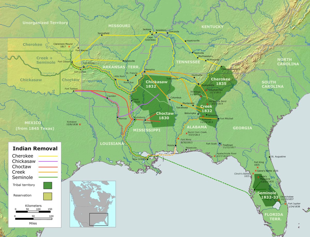 Colour map of the removal routes of the five southeastern nations