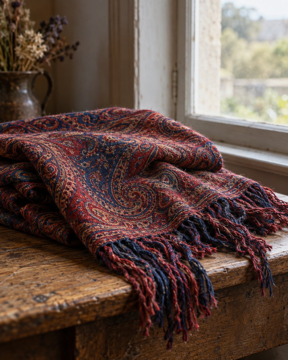A folded paisley shawl on a wooden table by a window