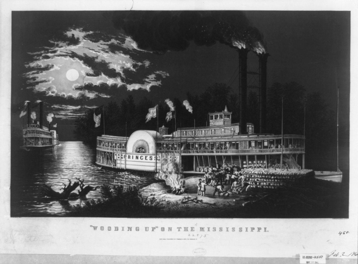 Currier and Ives lithograph of a Mississippi River steamboat taking on wood at night