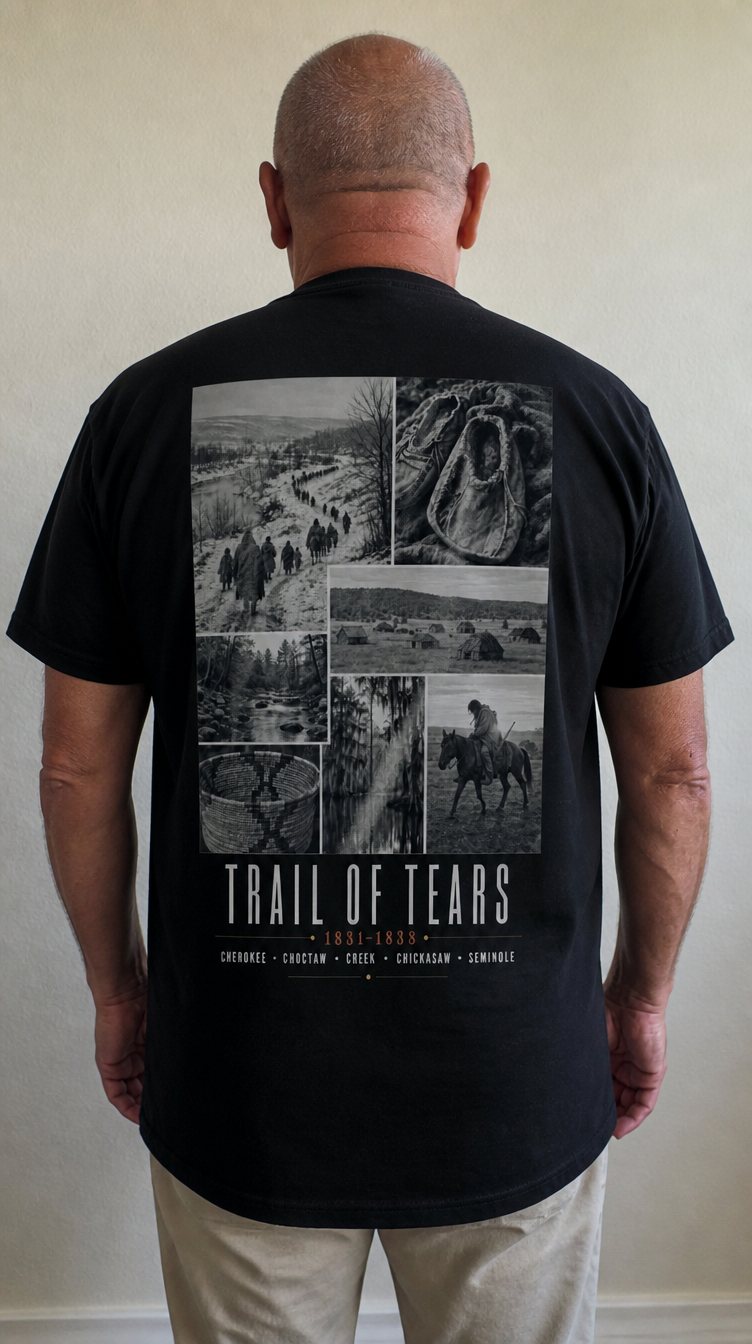 Man photographed from behind wearing the Kaira tee, the back print visible