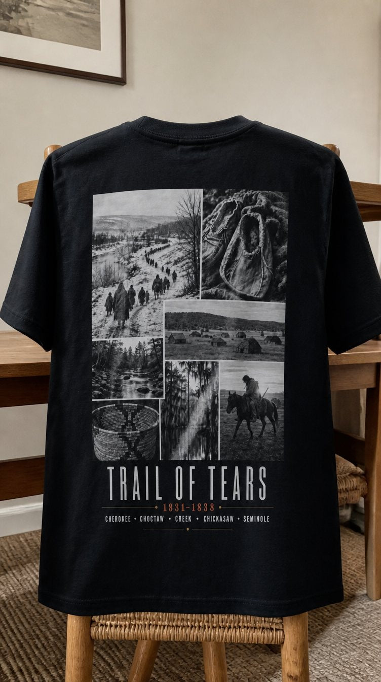 The Kaira tee hung over a chair, back print visible