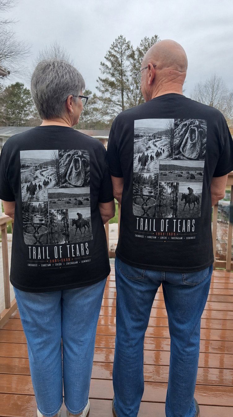 Two people standing apart on a porch, photographed from behind, both wearing the Kaira tee