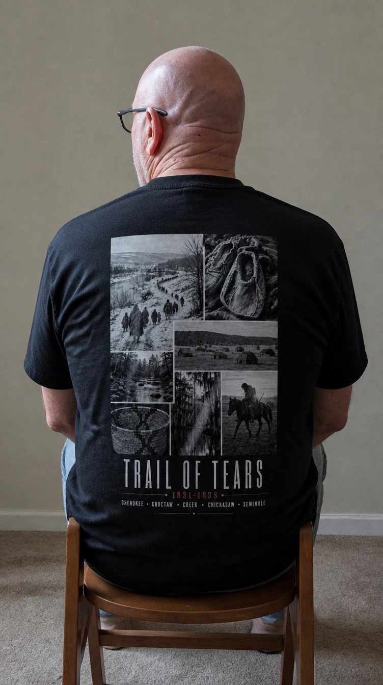 Man seated, photographed from behind, wearing the Kaira tee