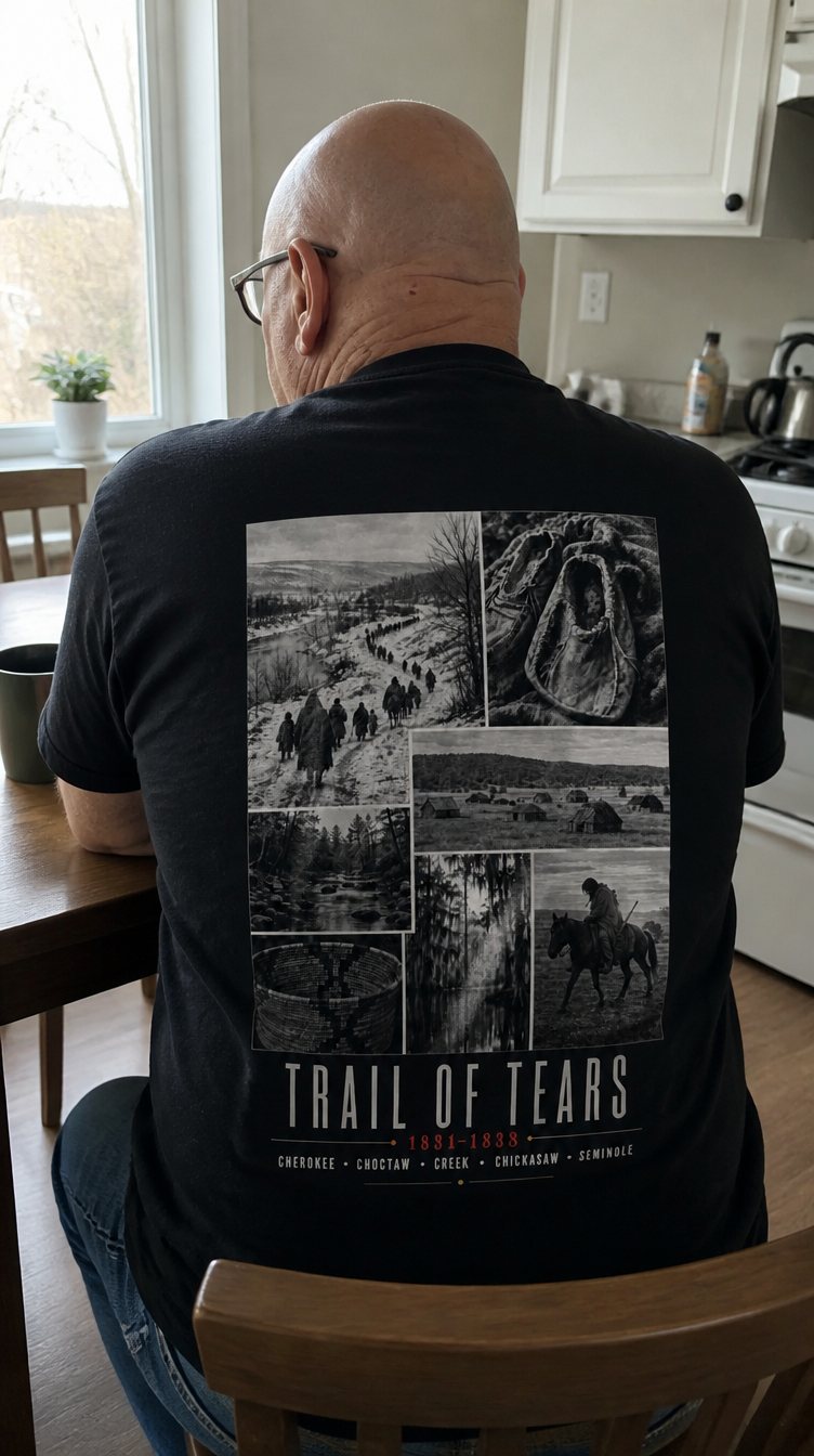 Man in a kitchen photographed from behind wearing the Kaira tee